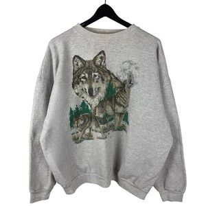Vintage 90s Cotton Grove Wolf Animal Nature Pullover Sweatshirt Size 2XL